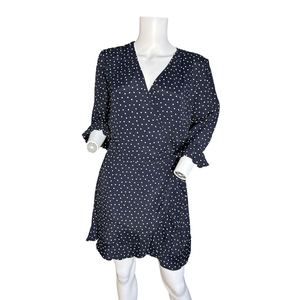 LOFT Women's Navy Blue Polka Dot Romper Dress Size 4 Ruffle Trim Tie Wrap